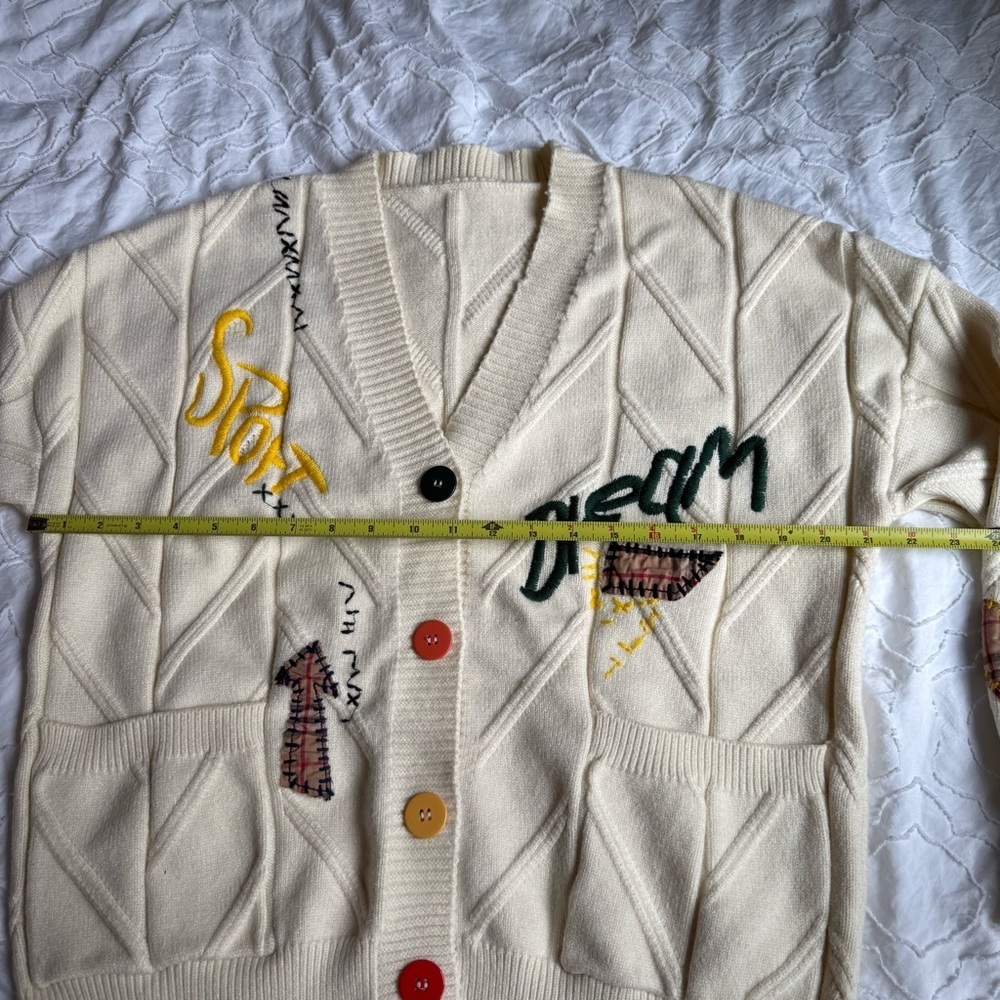 Anrabess Cream Cardigan with Embroidered Accents Lettering Patchwork Thick - Picture 10 of 12